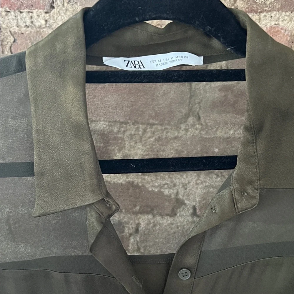 Zara Olive Green Sheer Button-Up Blouse - Picture 2 of 4